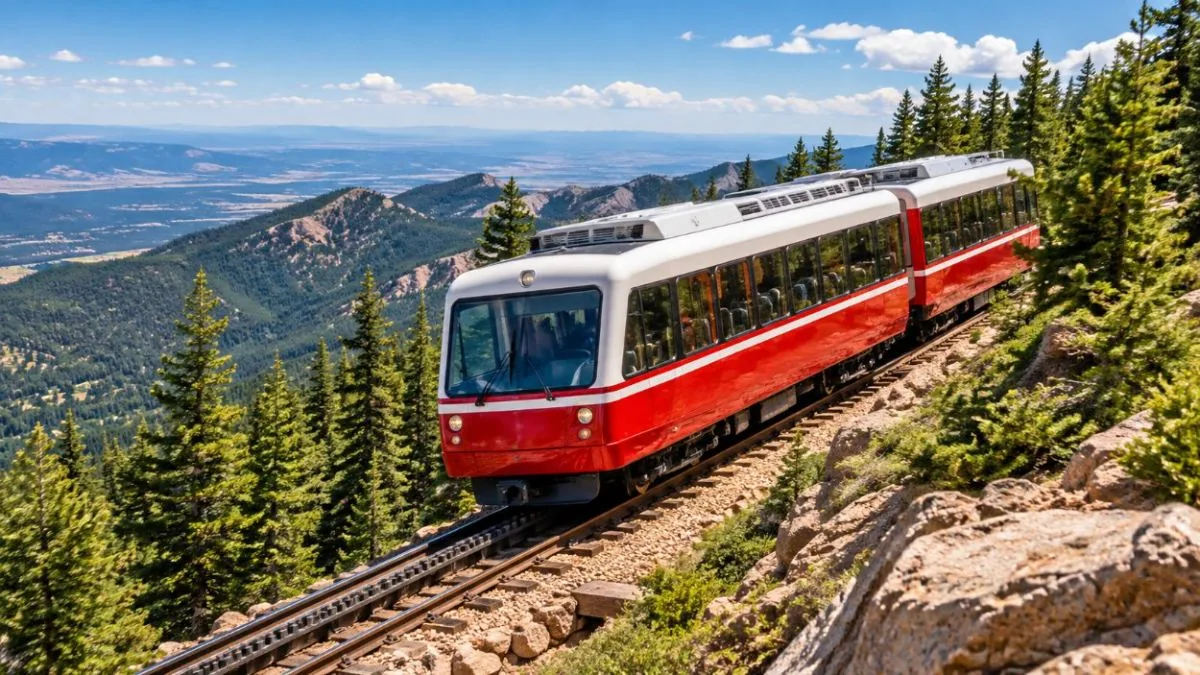 A red cog railway train climbing through pine forest on Pikes Peak