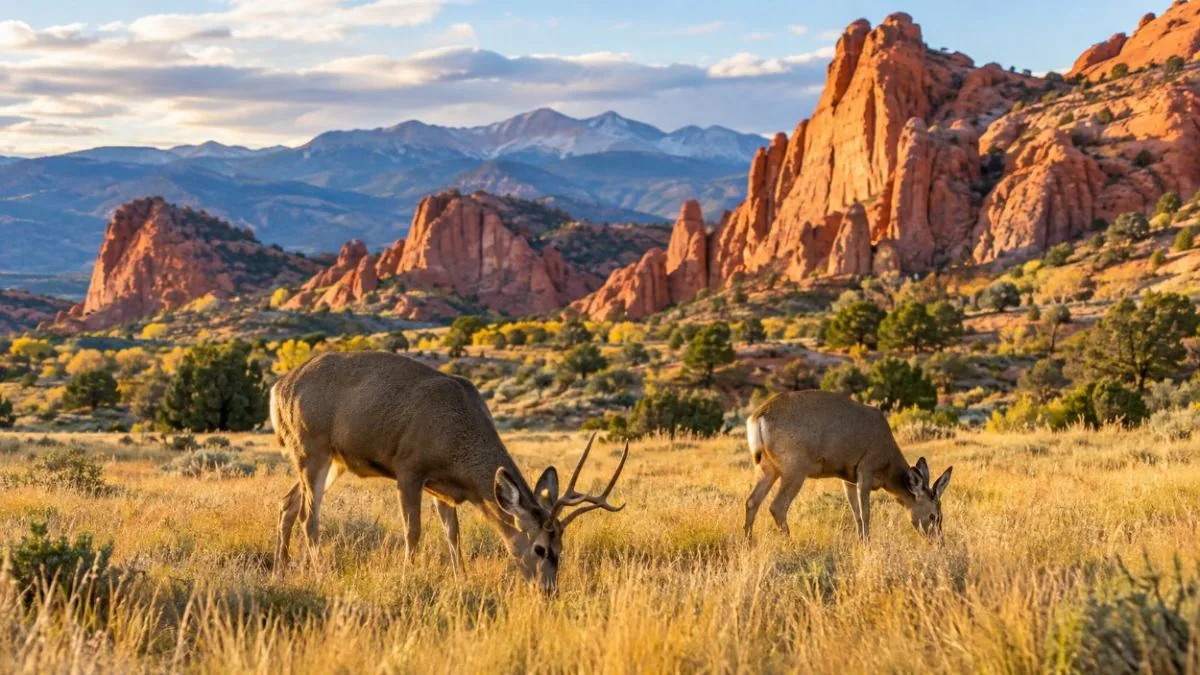Mule deer grazing in grassland below the red rocks