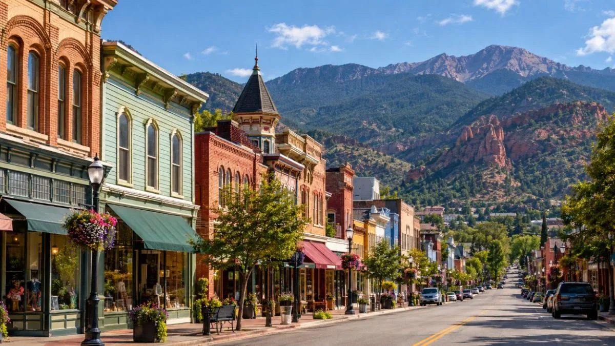 The Victorian main street of Manitou Springs on a sunny day