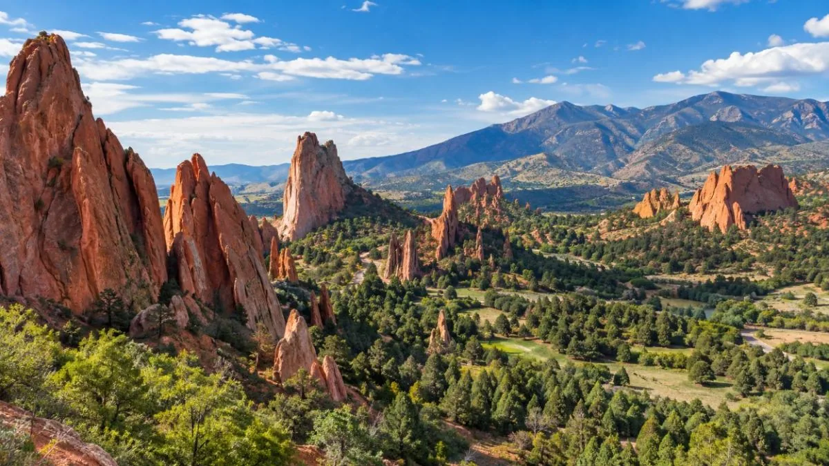 A high view over the whole park of red rock fins and green juniper