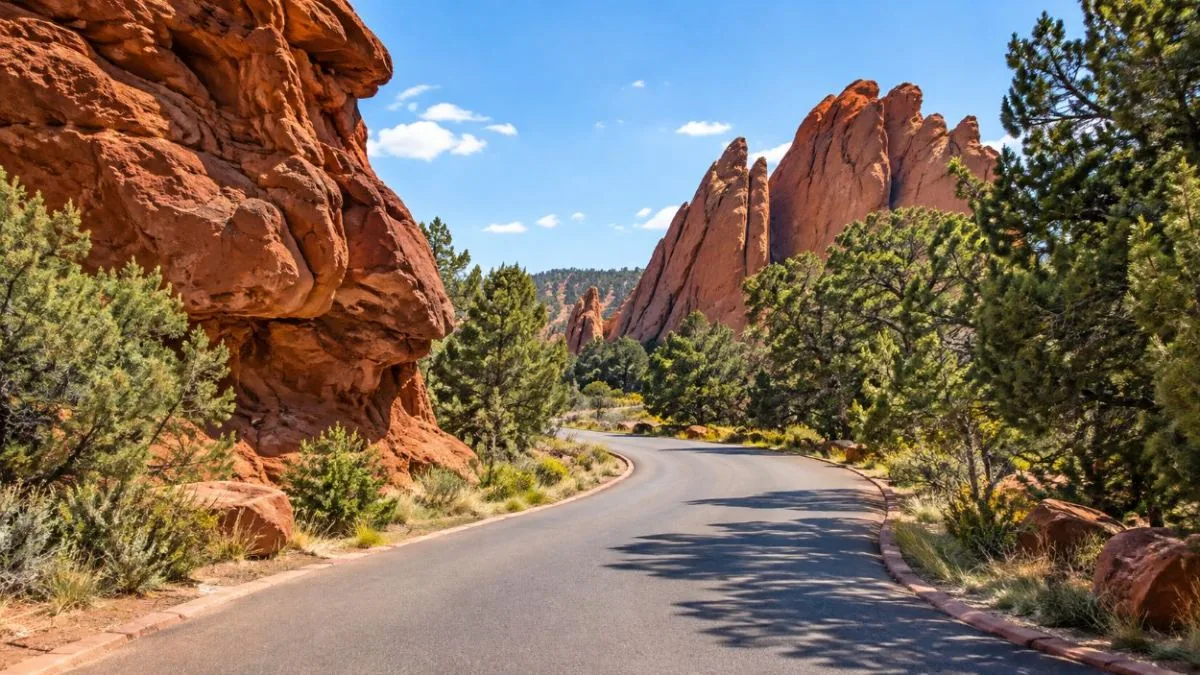 A quiet park road curving between red rock formations