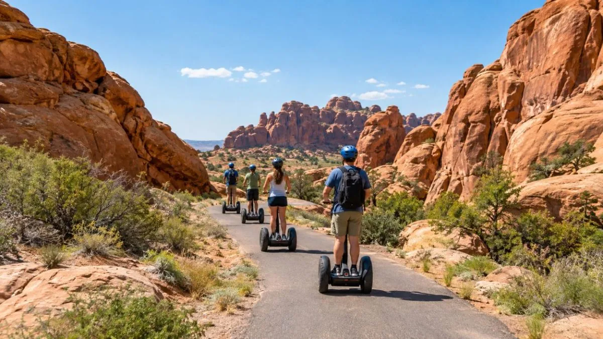 A small group on Segways on a paved path among red rocks