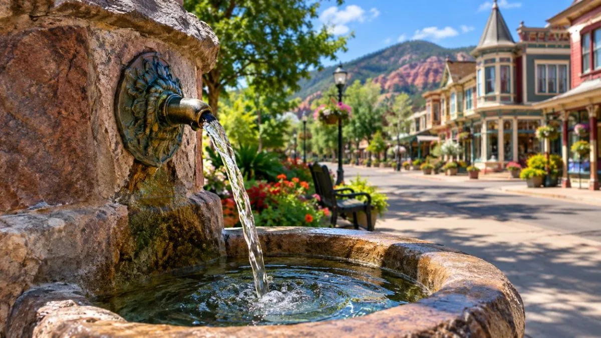 A stone mineral spring fountain on a street in Manitou Springs