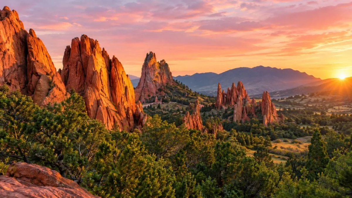 Early morning sun lighting the red rock fins of Garden of the Gods